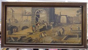 Large oil on board depicting an 18th century building site with workers, framed, 85cm x 177cm