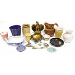 Doulton Lambeth jug, a Staffordshire ironstone jug, a Charmouth pottery honeypot, an Arthur Wood