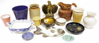 Doulton Lambeth jug, a Staffordshire ironstone jug, a Charmouth pottery honeypot, an Arthur Wood