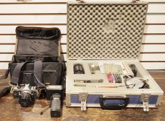 Vintage Pentax ME Super 35mm SLR camera and a Pentax 75-150mm lens, a Hanimex Pro 550 flash, a