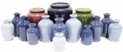 Quantity of stoneware storage jars mainly blue glazed, some marked 'Ronuk', others unmarked,