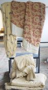 Pair of curtains in striped gold colourway, one curtain in gold colourway with embroidered