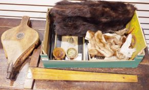 Fur shawl, various fur offcuts, some vintage hair combs, a pair of wooden bellows, two prints,