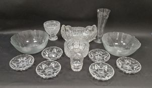 Collection of cut and engraved glassware including a large cut glass boat-shaped bowl cut with