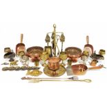 Quantity of brass and copper items to include crumb trays, fireside companion sets, goblets, etc and