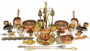 Quantity of brass and copper items to include crumb trays, fireside companion sets, goblets, etc and