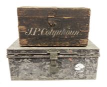 Metal trunk, 54cm x 33cm x 30cm, a wooden trunk, 69cm x 34cm x 28cm and a ten bottle wrought iron