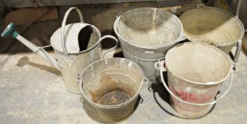 Four galvanised metal buckets and a galvanised metal watering can (5)