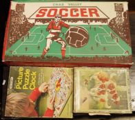 Vintage Chad Valley table soccer set, a Victory plywood picture puzzle clock and a set of children's