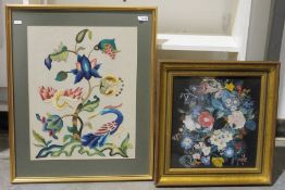 Embroidery of flowers and stylised birds and a print of a floral still life (2)