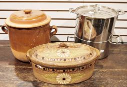 Large stoneware cooking pot, a stoneware casserole, a Stellar stainless steel pan and a