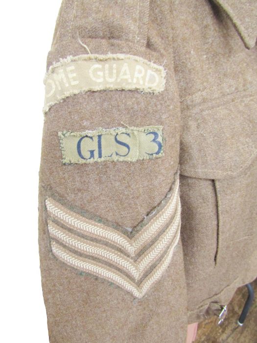 WWII Home Guard battledress jacket with cap and cap badge of the Gloucestershire Regiment, gas mask, - Image 2 of 18