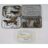 The Wheatley Metal Salmon Fly Box with flies, another folding fly box with salmon and other flies