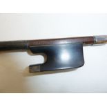 Violin bow having silver mounts and aventurine inlay, stamped 'Sartory', 74cm long.Condition