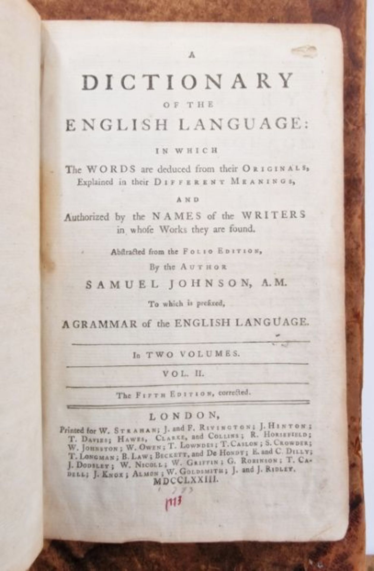 Johnson, Samuel  "A Dictionary of the English Language; in which the words are deduced from their - Image 15 of 24