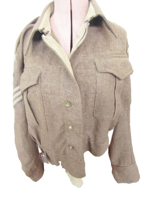 WWII Home Guard battledress jacket with cap and cap badge of the Gloucestershire Regiment, gas mask,