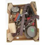 Metal fishing reel, various fishing accessories and pair of metal and leather skates.