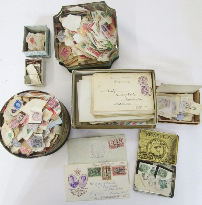 GB and World: large box of some 14 cartons/tins of mainly mid-19th to mid-20th C used definitives,