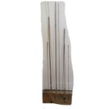 Quantity of bamboo split cane fly fishing rod pieces and bags, all in long wooden box to  PLEASE