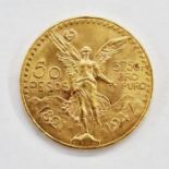 Mexican 50 Peso Gold Coin features a design of The Angel of Independence as well as the year-date (