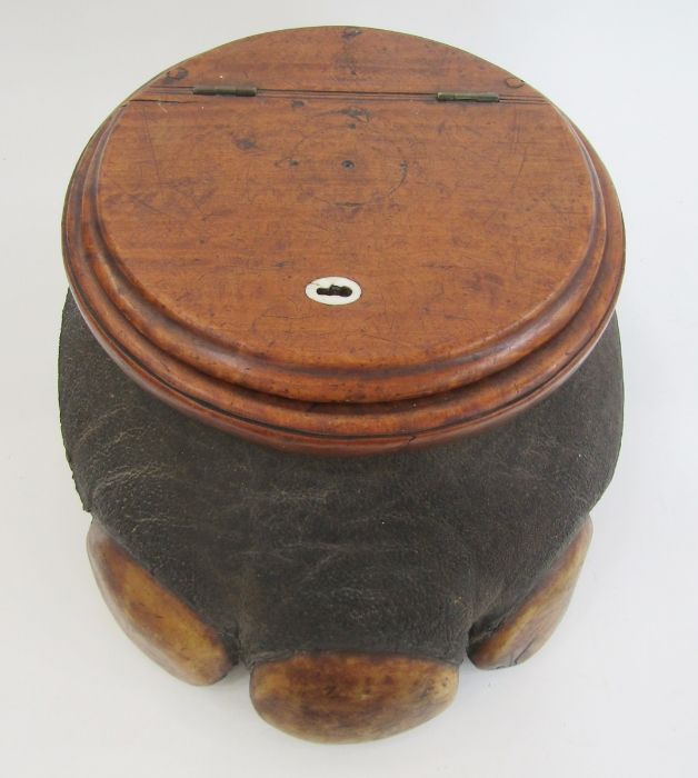 Late 19th/early 20th century taxidermy elephant foot storage container, the mahogany lid with - Image 2 of 4