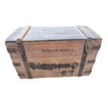 Wooden mule chest, metal lined, the owner Moss Blundell was in the Bombay Grenadiers and the Raj