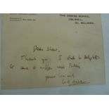 W.H Auden  signature -  card with message - 'Dear Shaw , Thank you. I shall be delighted to come