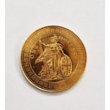 Fantasy Trade Dollar 22mm diameter, modern restrike undated in gold Obverse: Victoria Gothic Head,