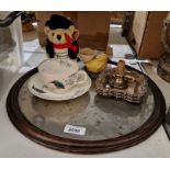 Circular mahogany tray, a Royal Doulton 'Kingfisher' cup and saucer, four silver-plated pin dishes
