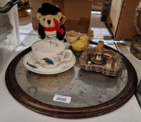 Circular mahogany tray, a Royal Doulton 'Kingfisher' cup and saucer, four silver-plated pin dishes