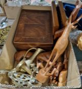 Old Hall canteen of cutlery, a set of six fish knives and forks in wooden case, assorted carved