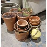 Four tall flared terracotta planters, 2 copper and brass coal scuttles, a bird nesting box /feeder
