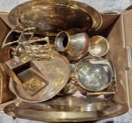 Quantity of brass and copper ware to include dishes, serving trays, vases, trivets, jugs, kettles,