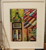 Collection of framed and glazed prints and pictures including a framed needlework picture, a nude