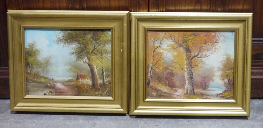 Assorted framed and glazed pictures and prints including four oil on canvas with wooded river - Image 2 of 5