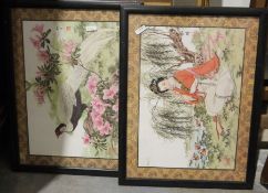 Assorted Chinese prints, embroideries and panels including a mother-of-pearl inset lacquered