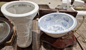 Victorian blue transfer-printed wash bowl/sink, a C Winn & Co Birmingham antique toilet with