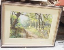 H Denis Gillard  Pastel on paper  "Forest Track, Spring", 31cm x 48cm