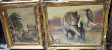 Group of oils, prints and drawings including oil on canvas of Victorian-style scene with farmers