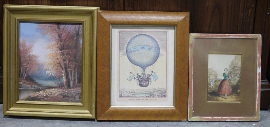 Assorted framed and glazed pictures and prints including four oil on canvas with wooded river