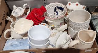 Five boxes of assorted china and glassware, an Olympus OM707 camera, a Leon Poole fencing sword,