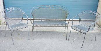 Metal-framed garden bench and two matching chairs (3)