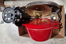 Copco Denmark cast iron and red enamelled lidded casserole, a set of EKS Sweden scales, a large
