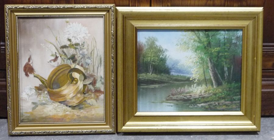 Assorted framed and glazed pictures and prints including four oil on canvas with wooded river - Image 3 of 5