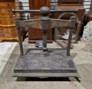 Heavy cast iron book press, 64cm x 44cm x 66cm approx.