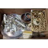 Quantity of plated and brassware to include knives, forks, coasters, trivet, etc (1 box)