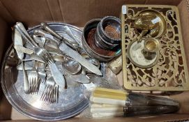 Quantity of plated and brassware to include knives, forks, coasters, trivet, etc (1 box)