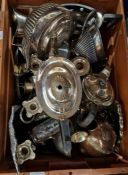 Quantity of plated wares to include jugs, teapots, goblets, dishes, etc (2 boxes)