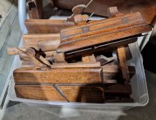 Vintage wooden tool box, assorted vintage wooden planes to include moulding planes, round planes,