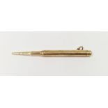 Sampson Mordan 9ct gold propelling pencil with release button to top and suspension loop